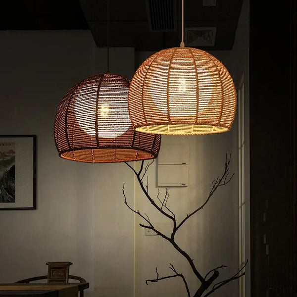 Minimalist Retro Hemp Rope Chandeliers Handmade Rattan LED Hanging Lamp for Dining Room Bedroom Balcony Bedside Lighting Fixture