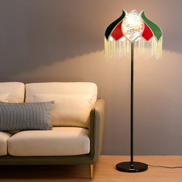 SANDYHA LED floor lamp for living room sofa retro French tassel fabric lampshade bedroom decoration home study lighting fixture