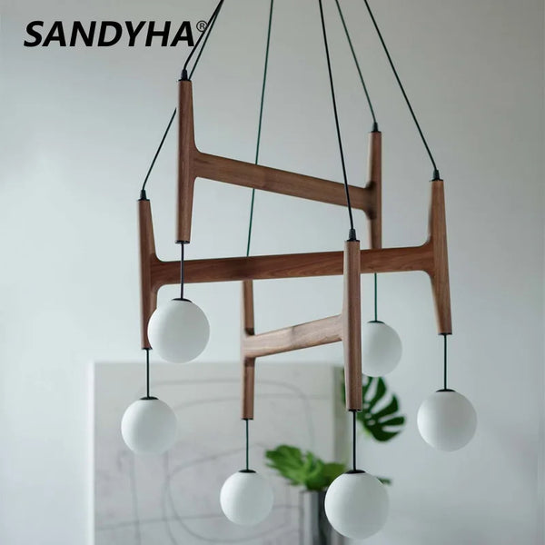 Modern Minimalist Chandelier Living Room Glass Ball Lampshade Solid Wood Pendant Lamp Dining Table Lighting Bedroom Decoratio