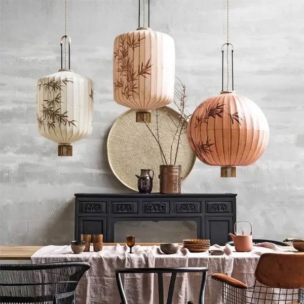 Japanese Pendant Light Living Room Decoration Dining Table Hanging Chandelier Fabric Lampshade Belt Bamboo Leaf Pattern Lantern