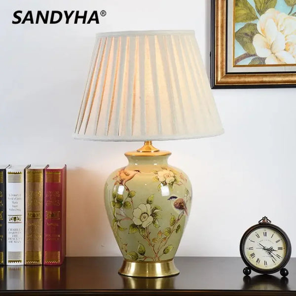 Nordic Ceramictable Lamps for Bedroom Flowers Birds Pattern Led Lamp Fabric Lampshade Home Decoration Living Room Light Fixture