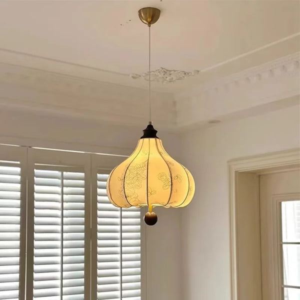 French Retro Style Chandelier Fabric Pattern Solid Wood LED Pendant Lamp for Bedroom Dining Room Bar Home Decor Lighting Fixture