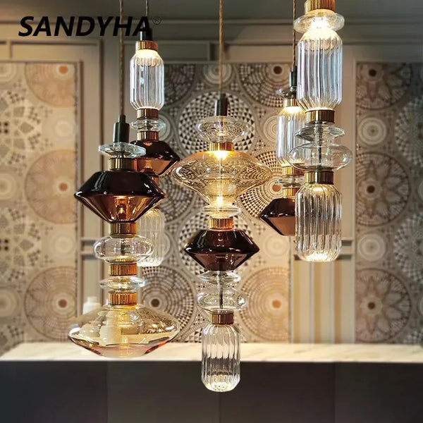 SANDYHA Nordic Salon Chandeliers Fashion Clear Amber Glass Lustre Led Lamp Home Decoration Living Room Dining Bedroom Lightings