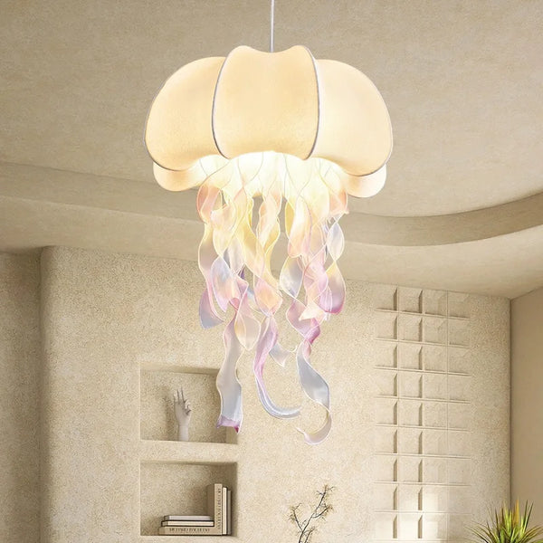 Nordic Chandelier Living Room Silk Lampshade Jellyfish Shaped Pendant Lights Design Dining Table Lighting Bedroom Decoration