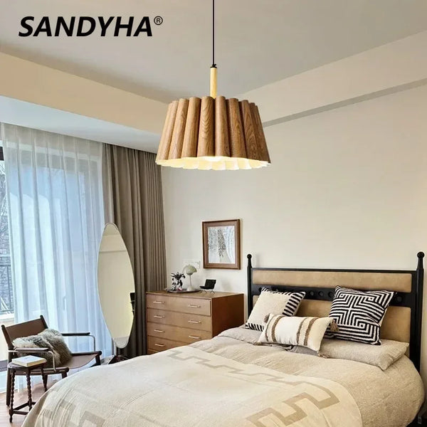 SANDYHA Nordic Pendant Light Kitchen Dining Table Log Style Circular Lampshade Chandeliers for Living Room Bedroom Decoration