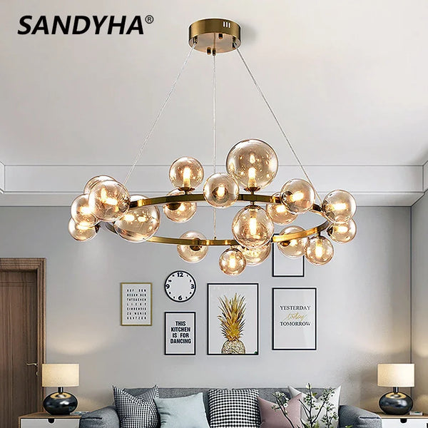 SANDYHA nordic chandelier living room circular led lamp glass ball pendant lights home decoration luxury bedroom light fixture