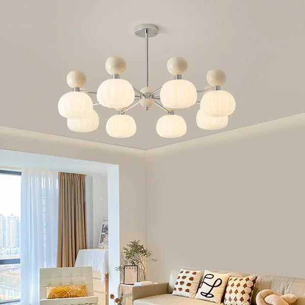 French Retro Pumpkin Living Room Chandeliers Cream Style Simple Modern LED Lamps for Bedroom Hall Lighting Suspension Luminaire